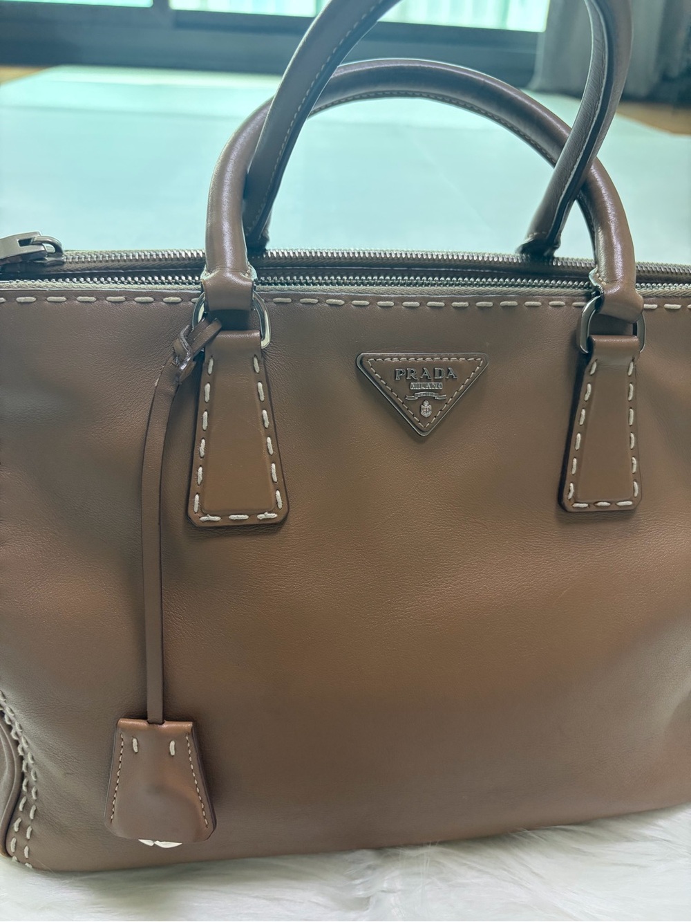 Prada Tan Leather Satchel with Stitch Detailing